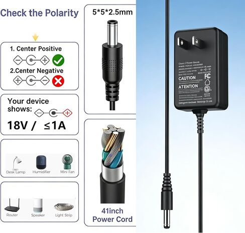 18V 1A AC DC Power Supply Adapter - 18W US Wall Charger with 5.5x2.1mm & 5.5x2.5mm DC Plugs, 6ft Long Cord, Universal Compatibility for 18Volt 0.1A-1A (100mA-1000mA) Devices, Center Positive in Kuwait