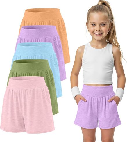 5 Pack Girls' Athletic Shorts 5-14Y Kids High Waist Wide Leg Teen Casual Running Yoga Sweat Shorts with Pockets in Saudi Arabia