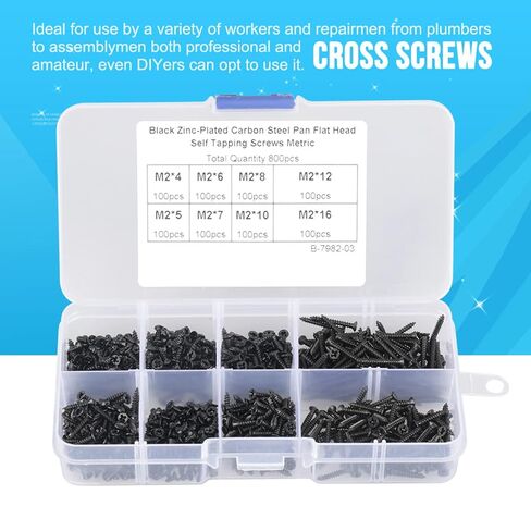800pcs M2 Black Carbon Steel Countersunk Flat Head Self Tapping Screws Assortment Kit for Electronics Watch Glasses Repair in Kuwait
