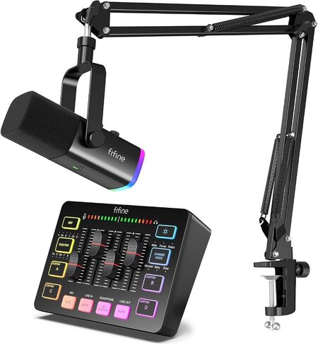 FIFINE XLR/USB Gaming Microphone Set and Gaming Audio Mixer,Dynamic PC Mic for Streaming Podcasting,RGB Recording Mixer with XLR Microphone Interface,Computer RGB Mic Kit with Boom Arm Stand(AM8T+SC3) in Kuwait