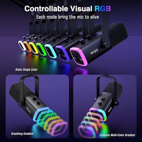 FIFINE XLR/USB Gaming Microphone Set and Gaming Audio Mixer,Dynamic PC Mic for Streaming Podcasting,RGB Recording Mixer with XLR Microphone Interface,Computer RGB Mic Kit with Boom Arm Stand(AM8T+SC3) in Kuwait