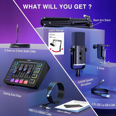 FIFINE XLR/USB Gaming Microphone Set and Gaming Audio Mixer,Dynamic PC Mic for Streaming Podcasting,RGB Recording Mixer with XLR Microphone Interface,Computer RGB Mic Kit with Boom Arm Stand(AM8T+SC3) in Kuwait