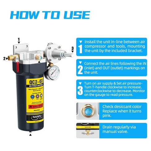 NANPU QC2 1/4" NPT Desiccant Air Dryer with Regulator and Gauge – Inline Moisture Filter for Air Compressor, 1/4" NPT Ball Valve, 120 CFM, 151 PSI – Ideal for Spray Painting and Pneumatic Tools in Kuwait