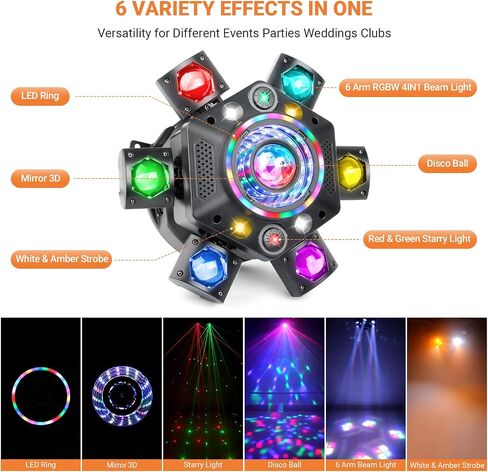 رأس DJ Light المتحرك: 150 وات 6 أذرع متعددة التأثيرات - مرآة ثلاثية الأبعاد + كرة ديسكو + R&G Starry + ستروب - التحكم في صوت DMX عن بعد - مخطط الحفلات سهل الإعداد لأداء فرقة العرض المباشر لنادي المسرح in Kuwait