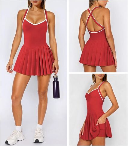 Women's Pleated Mini Tennis Dress Cross Open Back Golf Workout Athletic Dress with Built-in Shorts and Side Pockets in Kuwait