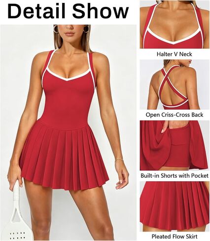 Women's Pleated Mini Tennis Dress Cross Open Back Golf Workout Athletic Dress with Built-in Shorts and Side Pockets in Kuwait