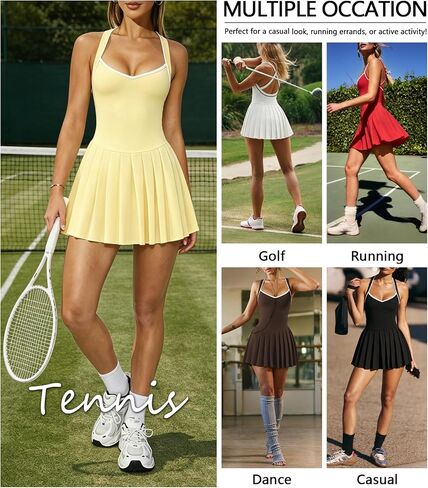 Women's Pleated Mini Tennis Dress Cross Open Back Golf Workout Athletic Dress with Built-in Shorts and Side Pockets in Kuwait