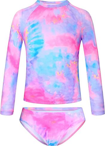 TENVDA Girls Swimsuit Long Sleeve Rash Guard Sets UPF 50+ Two Piece Bathing Suits Size 3-12 Years in Saudi Arabia