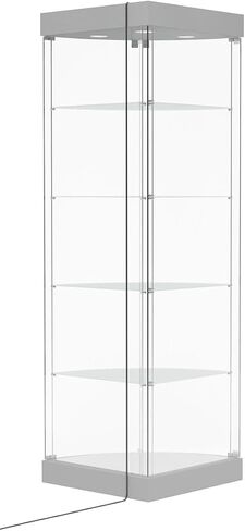 23" Glass Display Case w/Top Lights, Wheels, Adjustable Shelves, Locking - Silver in Kuwait