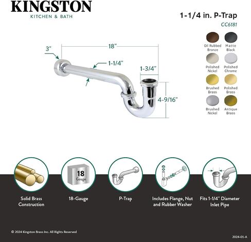 Kingston Brass CC6187 1-1/4" P-Trap with Box Flange, 18" Length, 18 Gauge, Brushed Brass in Kuwait
