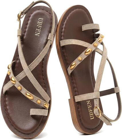 UBFEN Womens Gladiator Sandals Strappy Flat Sandals with Toe Ring | Studded Deco, Comfortable Cushioned, Adjustable Ankle Buckle, Hidden Elastic Band for Dressy, Casual, Travel in Saudi Arabia