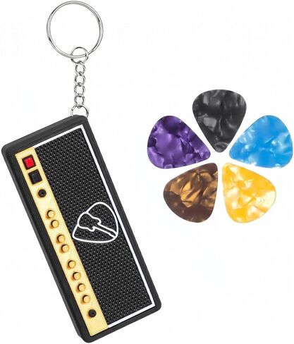 Guitar Picks Holder Box with Guitar Keychain, Amp Speaker Styled Pick Holder with 5 Celluloid Guitar Picks, Guitar Pick Storage Box Set for Guitar Players and Music Enthusiasts in Kuwait