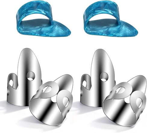 6 Pcs Banjo Finger Picks 4 Stainless Steel Guitar Finger Picks and 2 Plastic Thumb Pick Adjustable Fingers Pick for Acoustic Guitars Banjo Ukulele Harp Bass (Silver Blue) in Kuwait