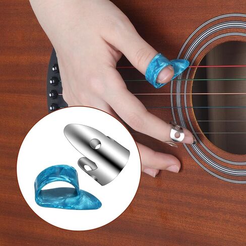 6 Pcs Banjo Finger Picks 4 Stainless Steel Guitar Finger Picks and 2 Plastic Thumb Pick Adjustable Fingers Pick for Acoustic Guitars Banjo Ukulele Harp Bass (Silver Blue) in Kuwait