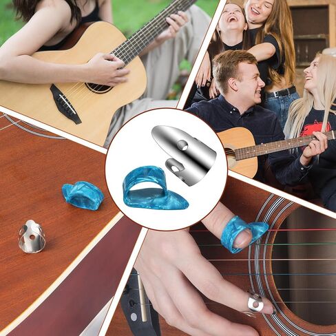 6 Pcs Banjo Finger Picks 4 Stainless Steel Guitar Finger Picks and 2 Plastic Thumb Pick Adjustable Fingers Pick for Acoustic Guitars Banjo Ukulele Harp Bass (Silver Blue) in Kuwait
