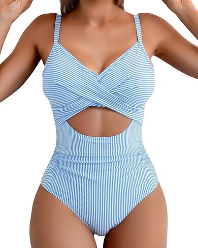 1 Pack Women's Light Blue And White Striped One Piece Swimsuit High Waist Cut Out Twist Front Ruched Bathing Suit Summer Beach Swimwear Size M in Kuwait