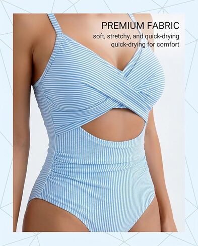 1 Pack Women's Light Blue And White Striped One Piece Swimsuit High Waist Cut Out Twist Front Ruched Bathing Suit Summer Beach Swimwear Size M in Kuwait