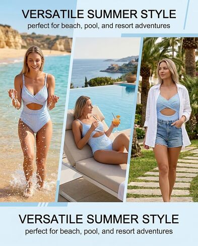 1 Pack Women's Light Blue And White Striped One Piece Swimsuit High Waist Cut Out Twist Front Ruched Bathing Suit Summer Beach Swimwear Size M in Kuwait