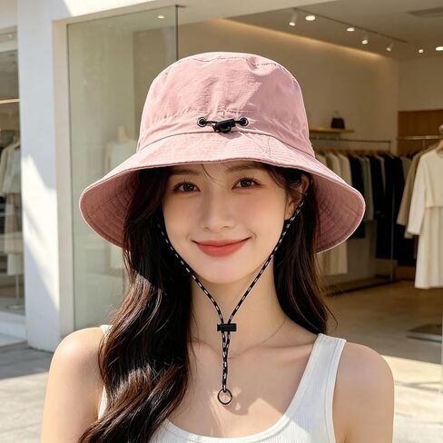 Packable Bucket Hat Adjustable Drawstring Sun Hat with Chin Strap | Lightweight Quick Dry Wide Brim Bucket Hat With Adjustable Head Circumference And Anti Slip Chin Cord Multi Purpose in Kuwait