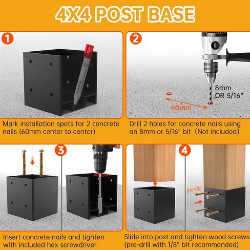 قاعدة عمود 4x4 للخرسانة مع مرساة مخفية وتصميم قاعدة مرتفعة، (4 قطع) دعامة مرساة لقوس العريشة، سطح السفينة، السياج، الشرفة، شرفة المراقبة، الجناح، الدرابزين، صندوق البريد، غطاء الفناء، الدرابزين in Kuwait