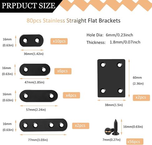 80PCS Black Metal Flat Straight Brace Bracket,5 Size Stainless Straight Flat Brackets,Mending Plates Connector Joining Fixing Brackets Brace Plates for Wood Repair Fixing in Kuwait