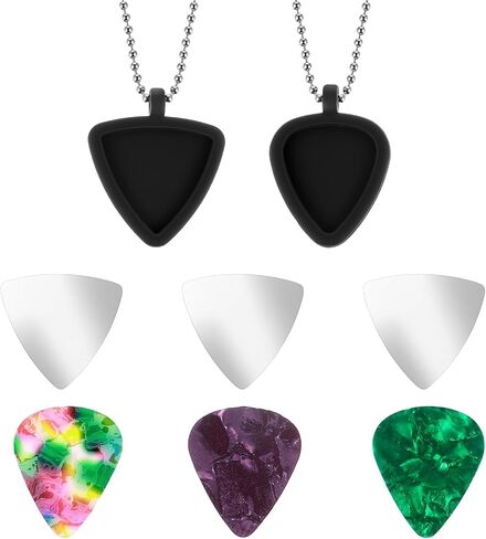 Xindojuz 2 Set Guitar Pick Holder Necklace with 3pcs Stainless Steel Picks & 3 Colorful Celluloid Picks, Small Guitar Pick Storage Keychain Ideal for Electric Guitars, Bass, Ukulele Players in Saudi Arabia