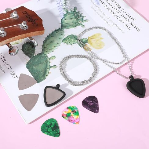 Xindojuz 2 Set Guitar Pick Holder Necklace with 3pcs Stainless Steel Picks & 3 Colorful Celluloid Picks, Small Guitar Pick Storage Keychain Ideal for Electric Guitars, Bass, Ukulele Players in Saudi Arabia