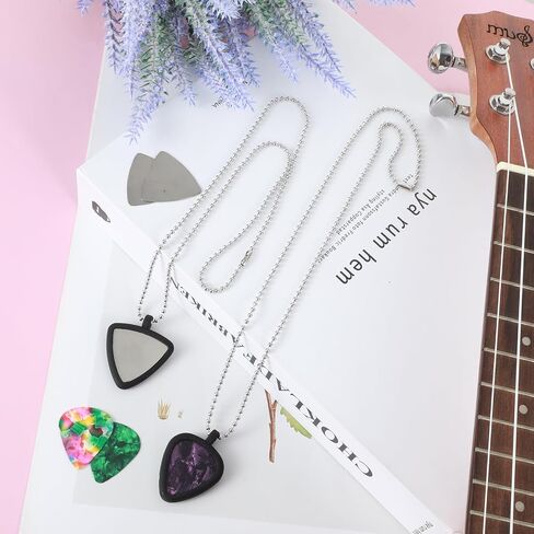 Xindojuz 2 Set Guitar Pick Holder Necklace with 3pcs Stainless Steel Picks & 3 Colorful Celluloid Picks, Small Guitar Pick Storage Keychain Ideal for Electric Guitars, Bass, Ukulele Players in Saudi Arabia