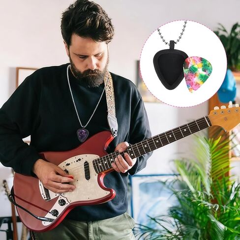 Xindojuz 2 Set Guitar Pick Holder Necklace with 3pcs Stainless Steel Picks & 3 Colorful Celluloid Picks, Small Guitar Pick Storage Keychain Ideal for Electric Guitars, Bass, Ukulele Players in Saudi Arabia