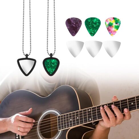Xindojuz 2 Set Guitar Pick Holder Necklace with 3pcs Stainless Steel Picks & 3 Colorful Celluloid Picks, Small Guitar Pick Storage Keychain Ideal for Electric Guitars, Bass, Ukulele Players in Saudi Arabia
