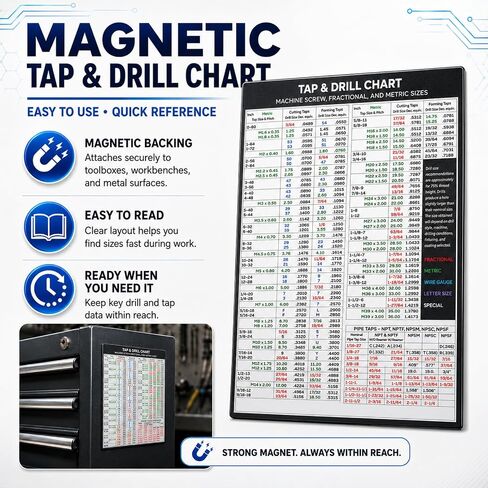 Magnetic Tap Drill Chart, Reference Table for Workshop Garage (8.5"*10.5") | Machine Screw, cm to inches conversion chart, Fractional and Metric Sizes, For CNC Shop, Garage, Toolbox & Woodworkers in Kuwait