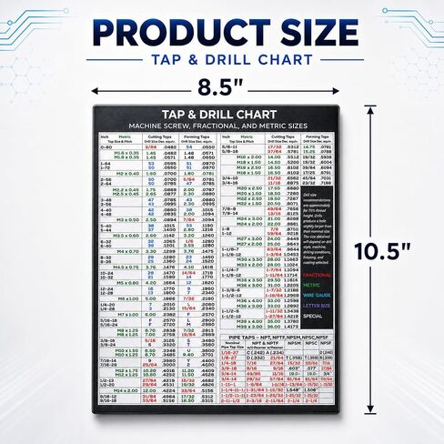 Magnetic Tap Drill Chart, Reference Table for Workshop Garage (8.5"*10.5") | Machine Screw, cm to inches conversion chart, Fractional and Metric Sizes, For CNC Shop, Garage, Toolbox & Woodworkers in Kuwait