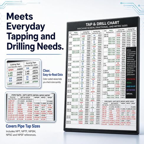 Magnetic Tap Drill Chart, Reference Table for Workshop Garage (8.5"*10.5") | Machine Screw, cm to inches conversion chart, Fractional and Metric Sizes, For CNC Shop, Garage, Toolbox & Woodworkers in Kuwait