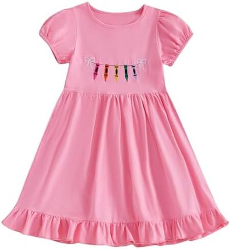 woshilaocai Toddler Baby Girl Back to School Puff Sleeve Summer Dress | My First Day of School Dress Outfit for Girls, Crayon Bow Embroidery, Ideal for First Week in Pre-K, Preschool Photos in Saudi Arabia
