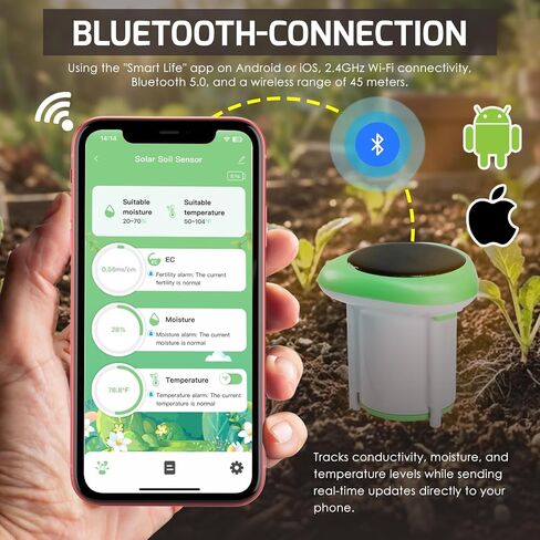 Smart Solar Soil Sensor Wireless Soil Moisture, Temperature & Conductivity Meter WiFi & Bluetooth APP Monitoring |IP66 Waterproof, Solar Powered for Farm, Greenhouse & Garden Care in Kuwait