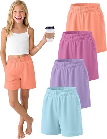 Halfchet 4 حزمة الفتيات السراويل القطنية الرياضية السراويل مرونة الخصر الصيف عارضة الرياضة SweatShorts مع جيوب للأطفال 5-14Y in Kuwait