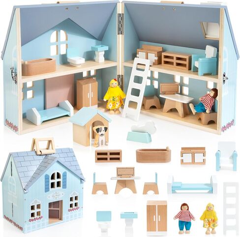 Fold and Go Wooden Dollhouse with 13pcs Furniture, 4 Rooms and 2 Flexible Dolls, DIY Pretend Dream House with Portable Handles, Birthday Gift for Kids 3 4 5 6 Years Old in Kuwait