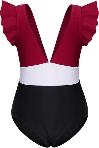 Girls Summer V-Neck One-Piece Swimsuit Color Block Bathing Suit for Big Kids Pool in Kuwait