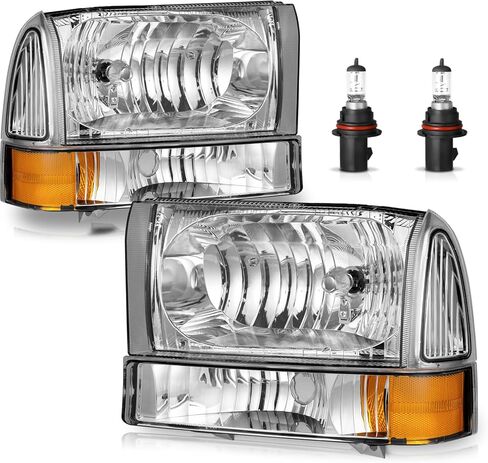 مجموعة المصابيح الأمامية لعام 1999 2000 2001 2002 2003 2004 Ford F250 F350 F450 F550 Super Duty / 00 01 02 03 04 Ford Excursion Sets كشافات أمامية مع مصابيح ممتصة للصدمات غطاء كروم in Kuwait