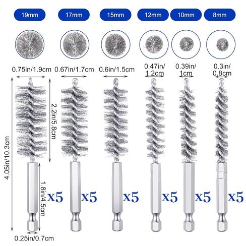 30pcs Wire Bore Brush Set with 1/4" Hex Shank for Power Drill - 6 Sizes (8/10/12/15/17/19mm) Stainless Steel Tube Cleaning Brushes in Kuwait