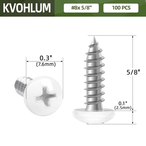 100 PCS #8 x 5/8" White Head Sheet Metal Screws, Pan Head Phillips Fast Self Tapping Screws, Round Head Wood Screws, Screwdriver Bit Included in Kuwait