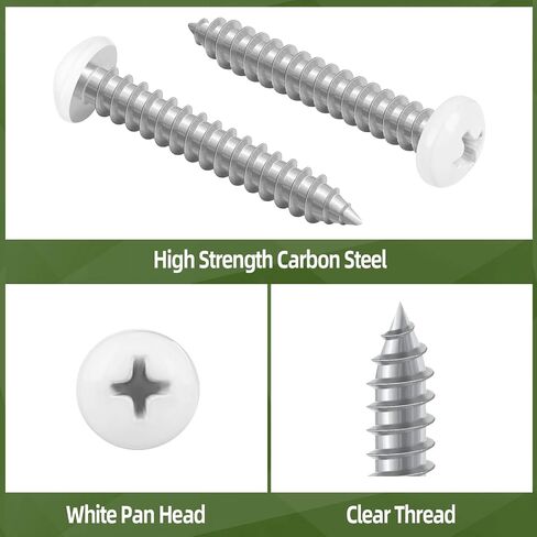 100 PCS #8 x 5/8" White Head Sheet Metal Screws, Pan Head Phillips Fast Self Tapping Screws, Round Head Wood Screws, Screwdriver Bit Included in Kuwait
