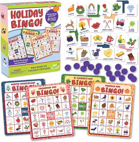 Peaceable Kingdom Holiday Bingo - 4 Holiday Themes, Up to 28 Players - Valentines Day, St Patricks Day, Halloween, & Christmas - Complete Bingo Set with Boards, Chips & Tokens in Kuwait