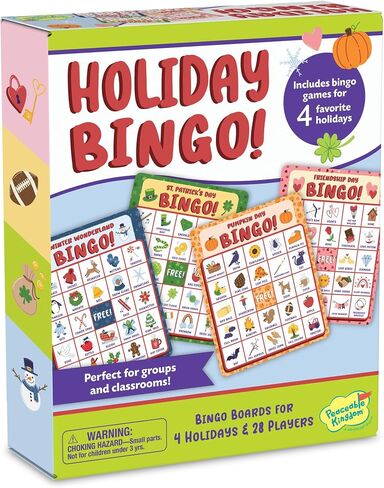 Peaceable Kingdom Holiday Bingo - 4 Holiday Themes, Up to 28 Players - Valentines Day, St Patricks Day, Halloween, & Christmas - Complete Bingo Set with Boards, Chips & Tokens in Kuwait