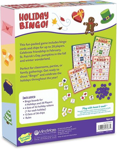 Peaceable Kingdom Holiday Bingo - 4 Holiday Themes, Up to 28 Players - Valentines Day, St Patricks Day, Halloween, & Christmas - Complete Bingo Set with Boards, Chips & Tokens in Kuwait