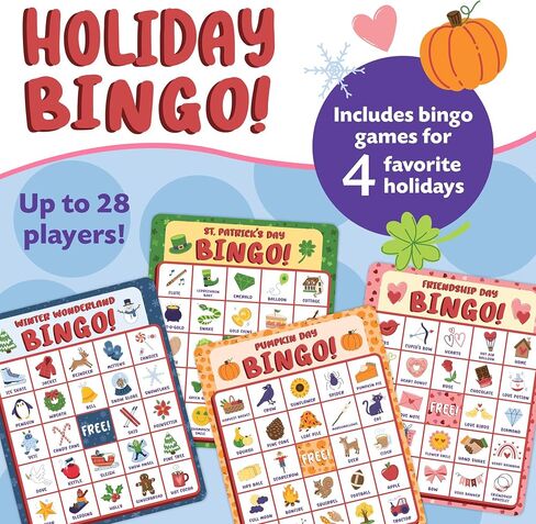 Peaceable Kingdom Holiday Bingo - 4 Holiday Themes, Up to 28 Players - Valentines Day, St Patricks Day, Halloween, & Christmas - Complete Bingo Set with Boards, Chips & Tokens in Kuwait