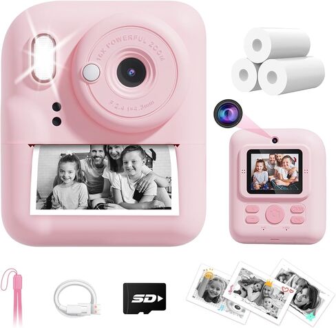 JOYJAM Kids Camera Instant Print, Upgrade Dual-Lens Selfie Digital Camera for Kids, HD 1080P, Christmas Birthday Gifts Toys for Girls Age 3-12, Toddler Portable Toy with SD Card 3 Rolls Print Paper in Kuwait