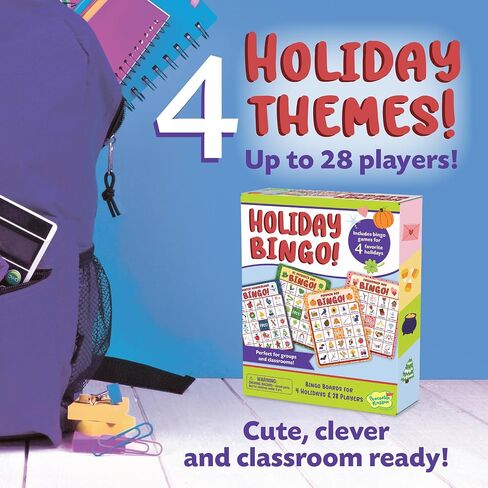 Peaceable Kingdom Holiday Bingo - 4 Holiday Themes, Up to 28 Players - Valentines Day, St Patricks Day, Halloween, & Christmas - Complete Bingo Set with Boards, Chips & Tokens in Kuwait