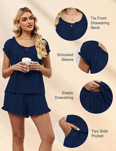LOMON Womens Pajama Set 2 Piece Smocked Sleeve Tops and Ruffle Shorts with Pocket Sleepwear Bridal Pj Sets for Party in Kuwait