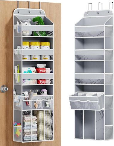 OneDream Over the Door Organizer for Nursery, 5-Tier Baby Clothes Organizer with Removable Storage Caddy, Hanging Behind Door Storage with Clear Pockets and Side Mesh Compartments, Grey in Saudi Arabia
